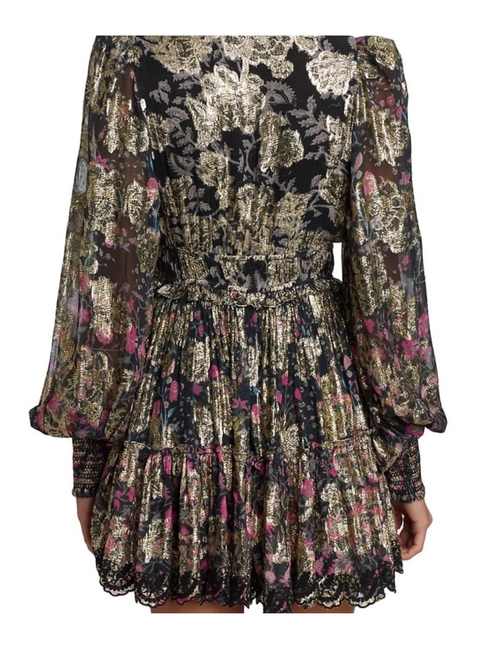 NWT Hemant & Nandita Metallic Tiered Long-Sleeve V-Neck Mini Dress size small - Picture 7 of 8